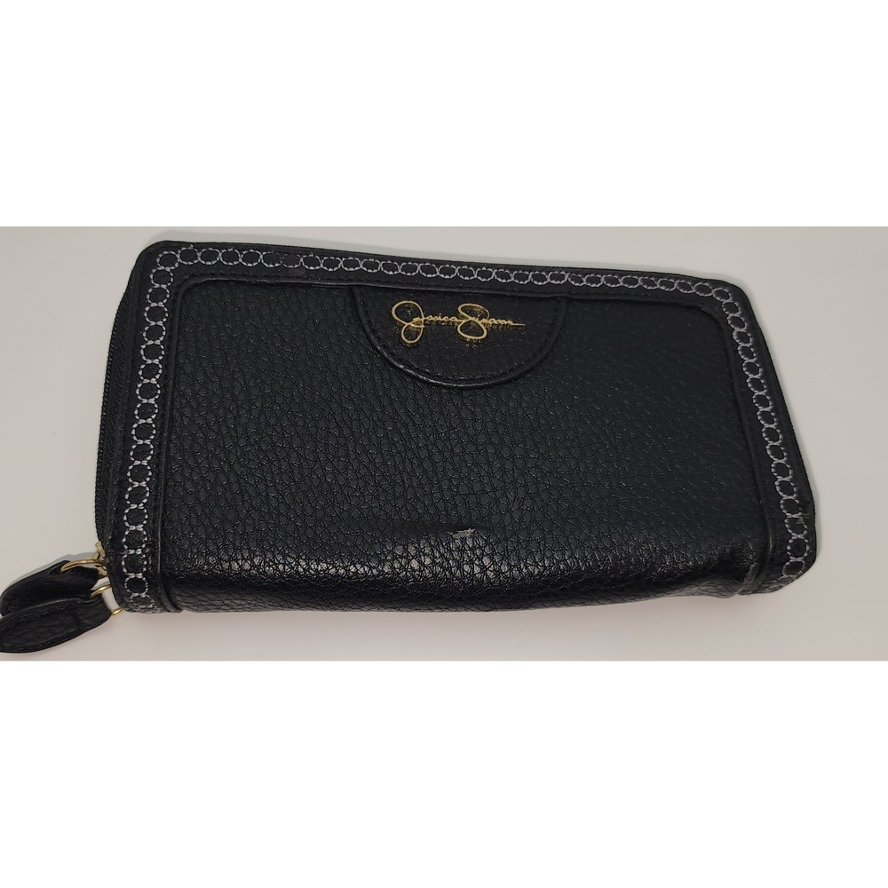 Jessica Simpson Black Zip Around Wallet Faux Leather Gold Logo Whipstitch Trim
